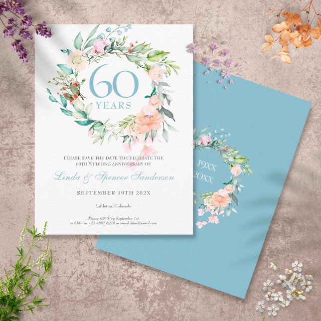 60th Anniversary Save the Date Roses Greenery Postcard (Creator Uploaded)