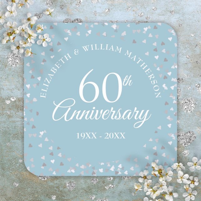60th Anniversary Script Love Hearts Confetti Square Sticker (60th Anniversary Script Love Hearts Confetti Square Sticker)
