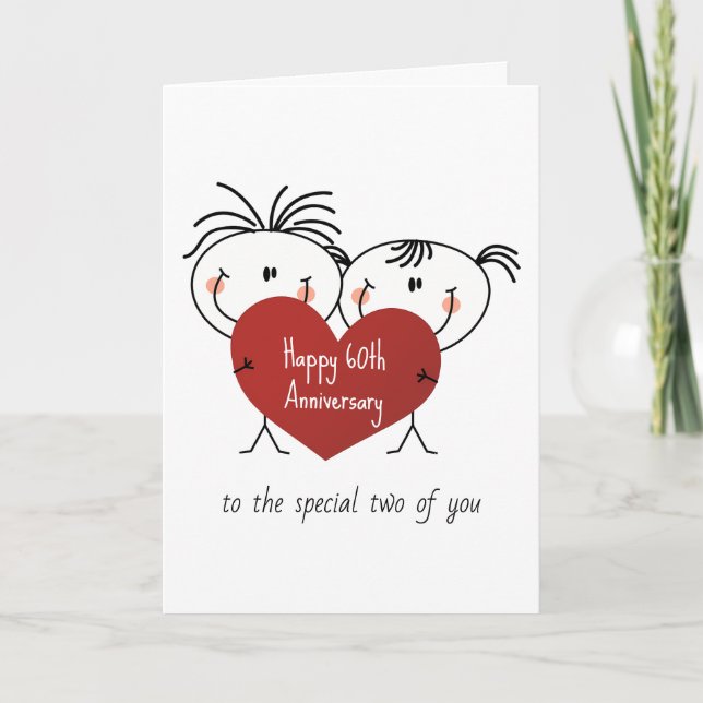 60th Anniversary Stick Figure Couple With Heart Card (Front)