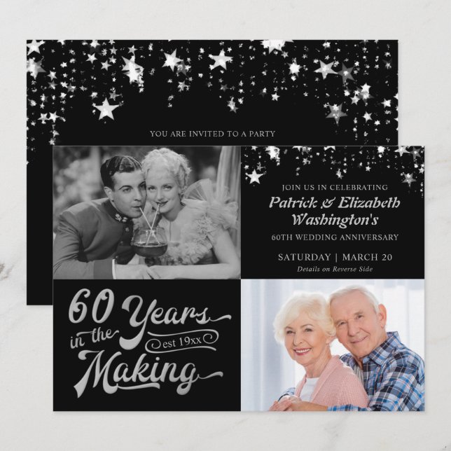 60th Anniversary Then & Now Photos Black & Silver Invitation (Front/Back)