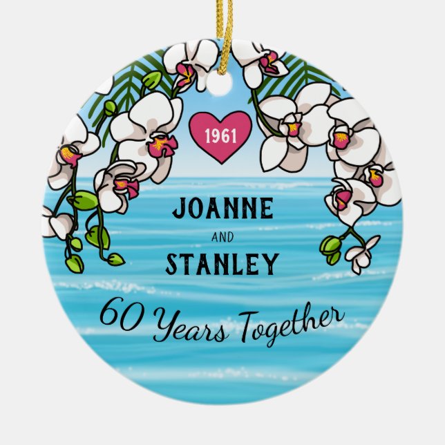 60th Anniversary Tropical Beach Orchids Ceramic Ornament (Front)