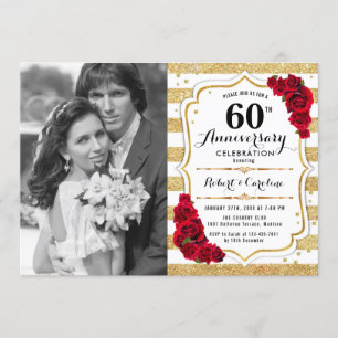 60th Anniversary with Photo - Gold White Red Invitation