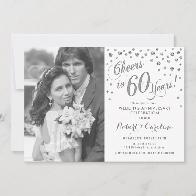 60th Anniversary with Photo - Silver White Invitation (Front)
