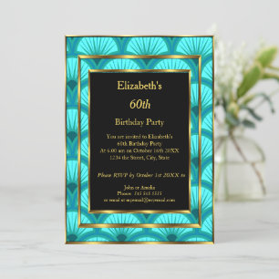 60th Art Deco Birthday Party Teal Blue Black Invitation