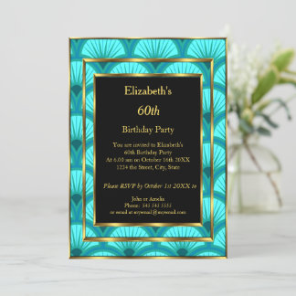 60th Art Deco Birthday Party Teal Blue Black Invitation