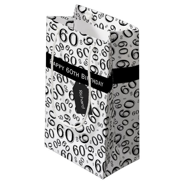 60th Biirthday Random Number Pattern Black/White Small Gift Bag (Front Angled)