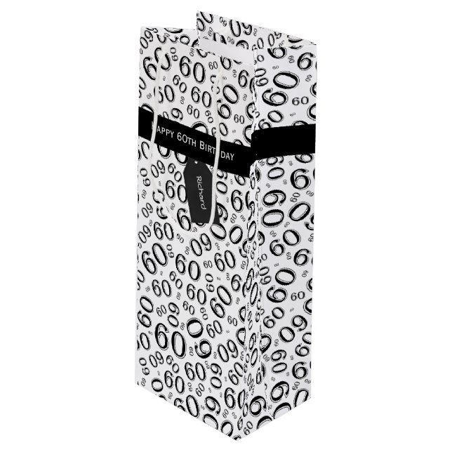 60th Biirthday Random Number Pattern Black/White Wine Gift Bag (Front Angled)