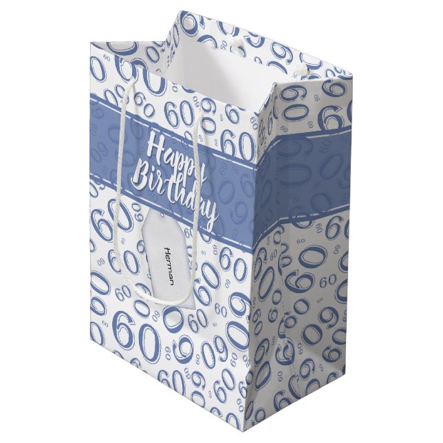 60th Biirthday Random Number Pattern Blue/White Medium Gift Bag (Front Angled)