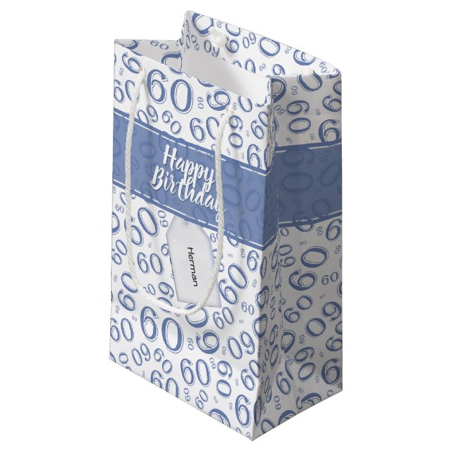 60th Biirthday Random Number Pattern Blue/White Small Gift Bag (Front Angled)