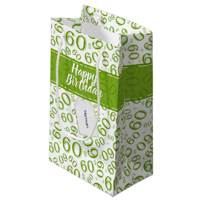 60th Biirthday Random Number Pattern Green/White Small Gift Bag (Front Angled)