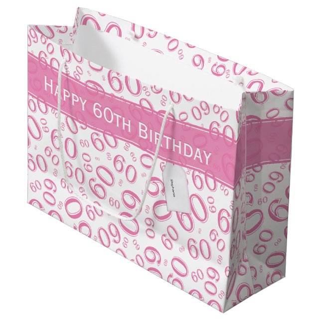 60th Biirthday Random Number Pattern Pink/White Large Gift Bag (Front Angled)