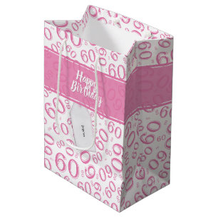 60th Biirthday Random Number Pattern Pink/White Medium Gift Bag