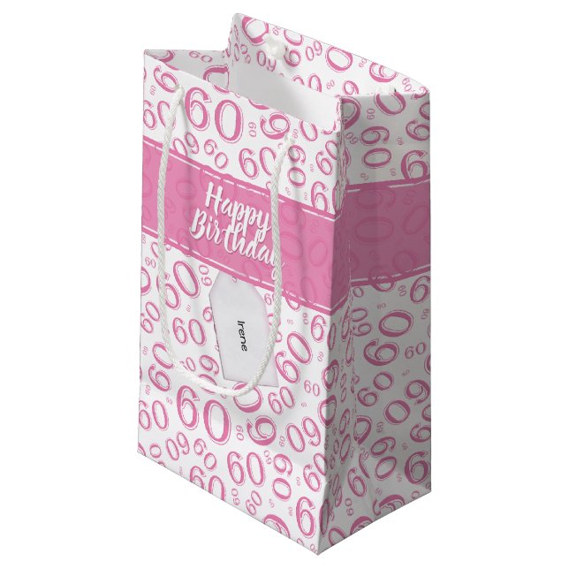 60th Biirthday Random Number Pattern Pink/White Small Gift Bag (Front Angled)