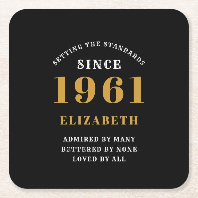 60th Birthday 1961 Black Gold lady's Personalized Square Paper Coaster (Front)