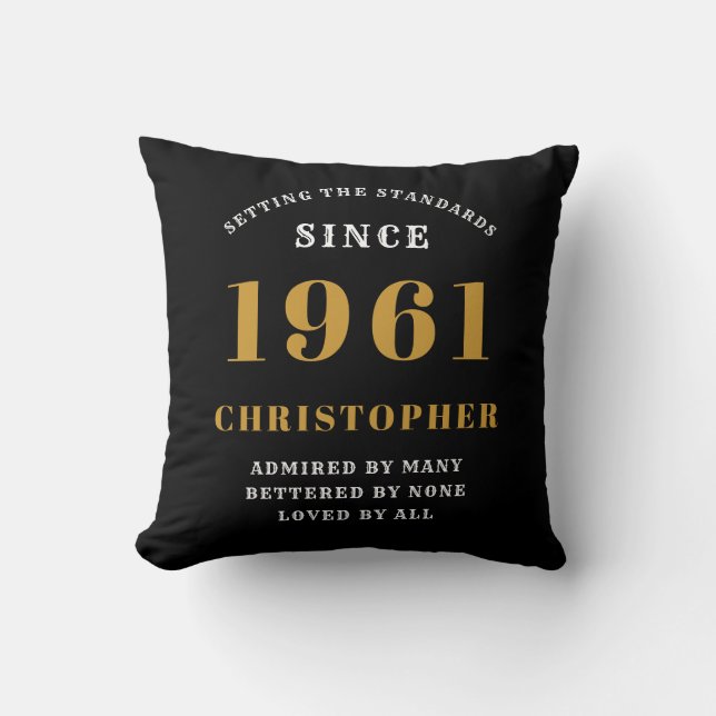 60th Birthday 1961 Black Gold Men's Personalized Throw Pillow (Front)