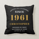 60th Birthday 1961 Black Gold Men's Personalized Throw Pillow<br><div class="desc">A personalized classic throw pillow design for that birthday celebration for special man born in 1961 and turning 60. Add the name to this vintage retro style black, white and gold design for a custom 60th birthday gift. Easily edit the name and year with the template provided. A wonderful custom...</div>