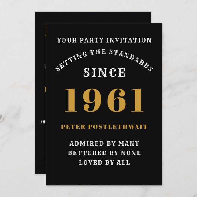 60th Birthday 1961 Black Gold Personalized For Him Invitation (Front/Back)