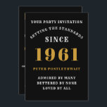 60th Birthday 1961 Black Gold Personalized For Him Invitation<br><div class="desc">For those born in 1961 and celebrating their 60th birthday party we have the ideal birthday invitation card. The black background with a white and gold design is simple and yet elegant. Easily customize the text to the front and the rear of this birthday invitation card using the template provided....</div>