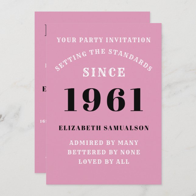 60th Birthday 1961 Black Pink Personalized For Her Invitation (Front/Back)
