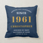 60th Birthday 1961 Blue Gold Men's Personalized Throw Pillow<br><div class="desc">A personalized classic throw pillow design for that birthday celebration for special man born in 1961 and turning 60. Add the name to this vintage retro style blue, white and gold design for a custom 60th birthday gift. Easily edit the name and year with the template provided. A wonderful custom...</div>