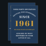 60th Birthday 1961 Blue Gold Personalized For Him Invitation<br><div class="desc">For those born in 1961 and celebrating their 60th birthday party we have the ideal birthday invitation card. The blue background with a white and gold design is simple and yet elegant. Easily customize the text to the front and the rear of this birthday invitation card using the template provided....</div>