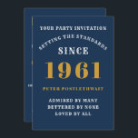 60th Birthday 1961 Blue Gold Personalized For Him Invitation<br><div class="desc">For those born in 1961 and celebrating their 60th birthday party we have the ideal birthday invitation card. The blue background with a white and gold design is simple and yet elegant. Easily customize the text to the front and the rear of this birthday invitation card using the template provided....</div>