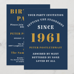 60th Birthday 1961 Blue Gold Personalized For Him Invitation