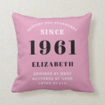 60th Birthday 1961 Pink Black Girly Personalized Throw Pillow<br><div class="desc">A personalized classic throw pillow design for that birthday celebration for special woman born in 1961 and turning 60. Add the name to this vintage retro style black, white and pink design for a custom 60th birthday gift. Easily edit the name and year with the template provided. A wonderful custom...</div>