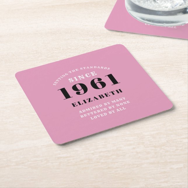 60th Birthday 1961 Pink Black lady's Personalized Square Paper Coaster (Angled)