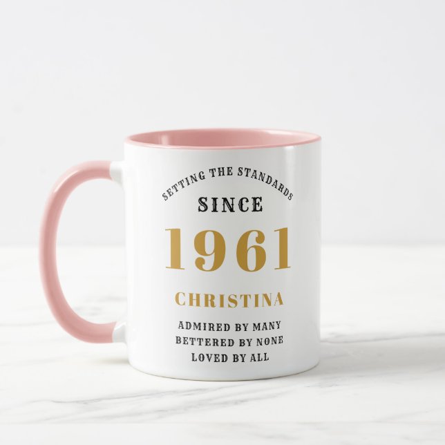 60th Birthday 1961 Pink Gold Lady's Personalized Mug (Left)