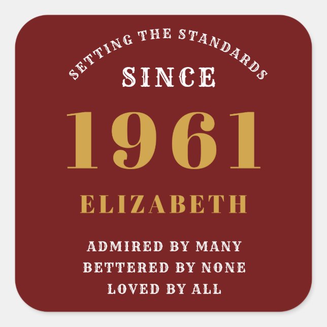 60th Birthday 1961 Red Gold lady's Personalized Square Sticker (Front)
