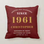 60th Birthday 1961 Red Gold Men's Personalized Throw Pillow<br><div class="desc">A personalized classic throw pillow design for that birthday celebration for special man born in 1961 and turning 60. Add the name to this vintage retro style red, white and gold design for a custom 60th birthday gift. Easily edit the name and year with the template provided. A wonderful custom...</div>