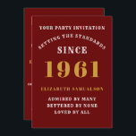 60th Birthday 1961 Red Gold Personalized For Her Invitation<br><div class="desc">For those born in 1961 and celebrating their 60th birthday party we have the ideal birthday invitation card. The red background with a white and gold design is simple and yet elegant. Easily customize the text to the front and the rear of this birthday invitation card using the template provided....</div>