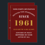 60th Birthday 1961 Red Gold Personalized For Her Invitation<br><div class="desc">For those born in 1961 and celebrating their 60th birthday party we have the ideal birthday invitation card. The red background with a white and gold design is simple and yet elegant. Easily customize the text to the front and the rear of this birthday invitation card using the template provided....</div>