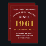 60th Birthday 1961 Red Gold Personalized For Him Invitation<br><div class="desc">For those born in 1961 and celebrating their 60th birthday party we have the ideal birthday invitation card. The red background with a white and gold design is simple and yet elegant. Easily customize the text to the front and the rear of this birthday invitation card using the template provided....</div>