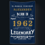 60th Birthday 1962 Add Name Blue Gold Legendary Banner<br><div class="desc">Personalized birthday banner. Add the name to this vintage style retro print birthday banner. Edit the name and year with the template provided. A wonderful custom blue birthday wall hanging with white and gold vintage style typography.  More gifts and party supplies available with the "Legendary" design in the store.</div>