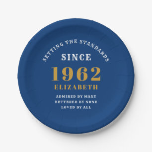 60th Birthday 1962 Elegant Chic Gold Blue Paper Plate