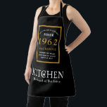 60th Birthday 1962 Name Elegant Black Gold Chic Apron<br><div class="desc">A wonderful birthday black and gold design on an apron for that special celebration. Easily customize the text using the template provided. Part of the setting standards range of birthday supplies.</div>