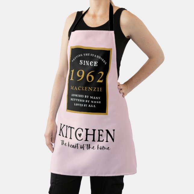 60th Birthday 1962 Name Elegant Black Gold Pink Apron (Insitu)