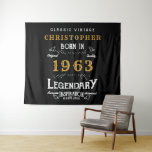 60th Birthday 1963 Add Name Legendary Black Gold Tapestry<br><div class="desc">Birthday vintage design "Original Quality Legendary Inspiration" party wall tapestry for that special person. Add the name and year as desired in the template fields creating a unique birthday celebration item. Team this up with the matching gifts,  party accessories,  and clothing available in our store www.zazzle.com/store/thecelebrationstore</div>
