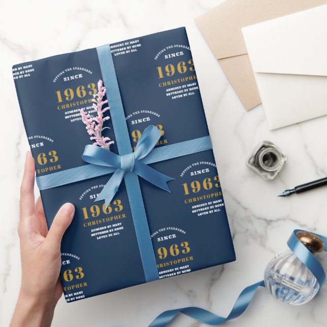 60th Birthday 1963 Blue Gold Add Name Wrapping Paper (Gifting)