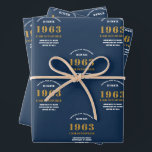 60th Birthday 1963 Blue Gold Add Name Wrapping Paper Sheet<br><div class="desc">A personalized wrapping paper design for that birthday celebration for a special person. Add the name to this vintage retro style blue and gold design for a custom birthday gift. Easily edit the name and year with the template provided. A wonderful custom birthday gift. More gifts and party supplies for...</div>