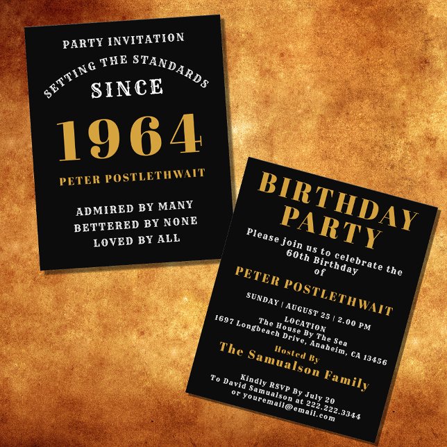 60th Birthday 1964 Black Gold Personalized For Him Flyer (Elegant Black and Gold 60th Birthday Invitation - Create Your Own Personalized Design.)
