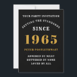 60th Birthday 1965 Black Gold Personalized For Him Invitation<br><div class="desc">For those born in 1965 and celebrating their 60th birthday party we have the ideal birthday invitation card. The black background with a white and gold design is simple and yet elegant. Easily customize the text to the front and the rear of this birthday invitation card using the template provided....</div>