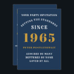 60th Birthday 1965 Blue Gold Personalized For Him Invitation<br><div class="desc">For those born in 1965 and celebrating their 60th birthday party we have the ideal birthday invitation card. The blue background with a white and gold design is simple and yet elegant. Easily customize the text to the front and the rear of this birthday invitation card using the template provided....</div>