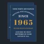 60th Birthday 1965 Blue Gold Personalized For Him Invitation<br><div class="desc">For those born in 1965 and celebrating their 60th birthday party we have the ideal birthday invitation card. The blue background with a white and gold design is simple and yet elegant. Easily customize the text to the front and the rear of this birthday invitation card using the template provided....</div>