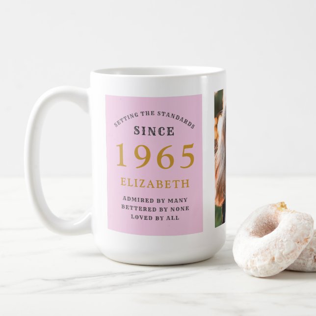 60th Birthday 1965 Pink Grey Add Name Photo Large Coffee Mug (With Donut)