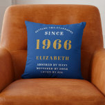 60th Birthday 1966 Add Name Blue Gold Personalized Throw Pillow<br><div class="desc">Celebrate a remarkable milestone with this elegant and modern Personalized 60th Birthday Throw Pillow, the perfect gift for someone born in 1966 This custom accent pillow features the striking, bold text "BORN 1966", for that person loved for 60 years (and counting)" and allows you to add a custom name (e.g.,...</div>