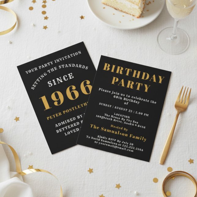 60th Birthday 1966 Add Name Year Black Gold Invitation (1966 birthday invite. White background.)