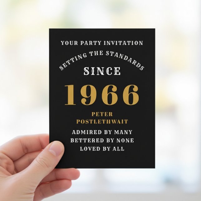 60th Birthday 1966 Black Gold Invitation (1966 birthday postcard invitation.)